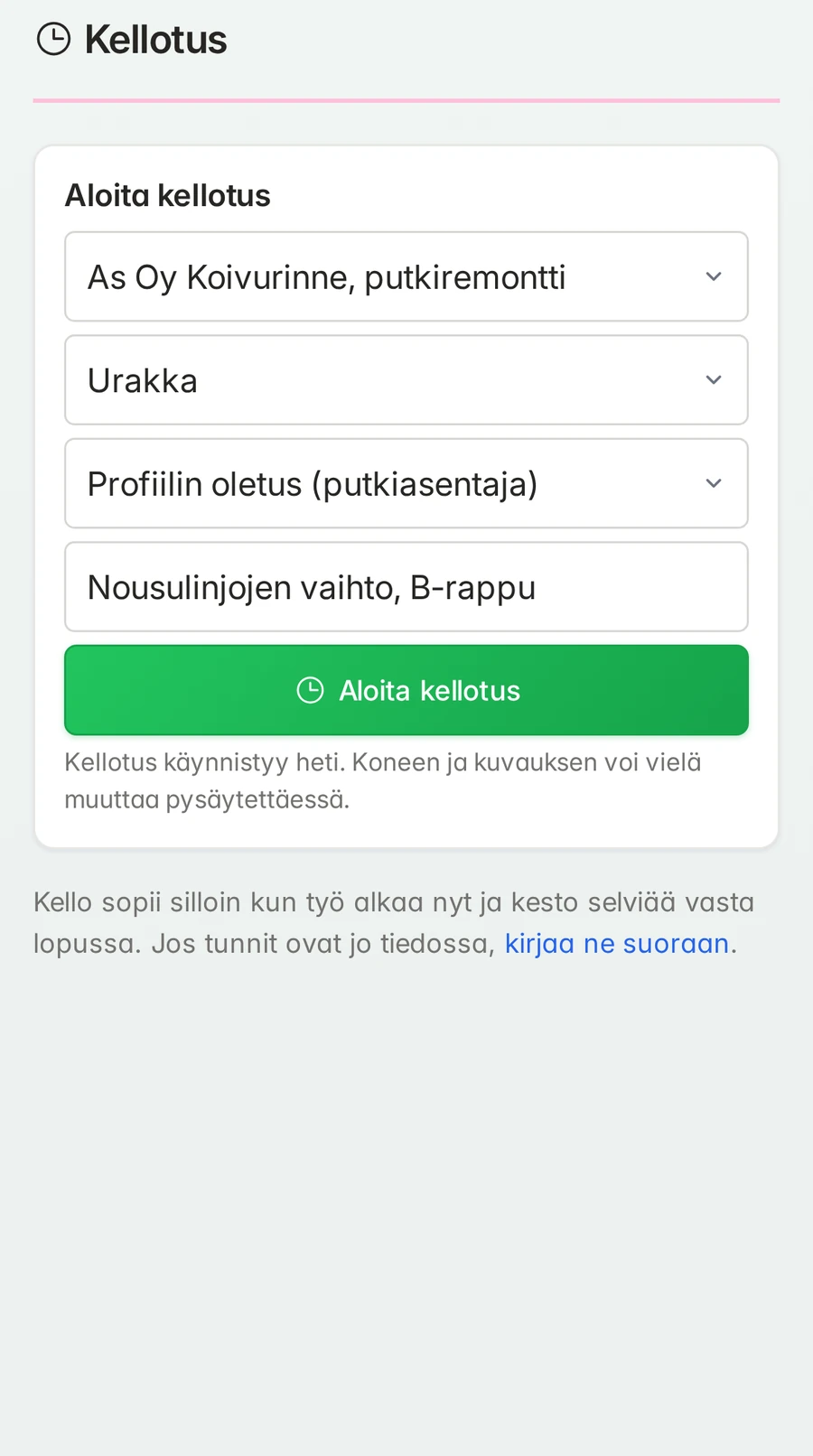 HallaLink puhelimella: Kellotus työkohteelle As Oy Koivurinne ja Aloita kellotus -painike